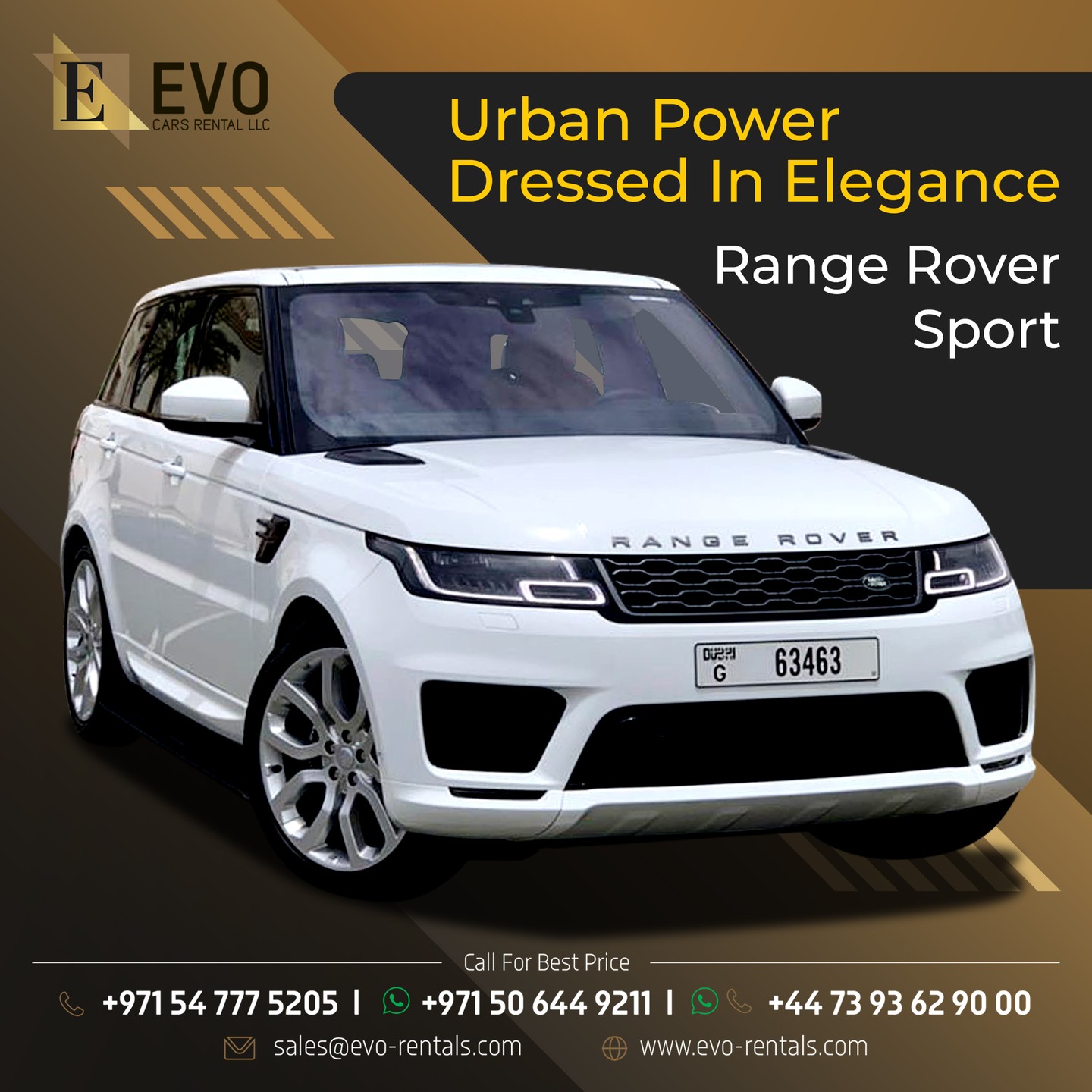 Refined luxury meets smooth performance, the Range Rover Sport is built for every road. #EvoRentals #RangeRover #dubai