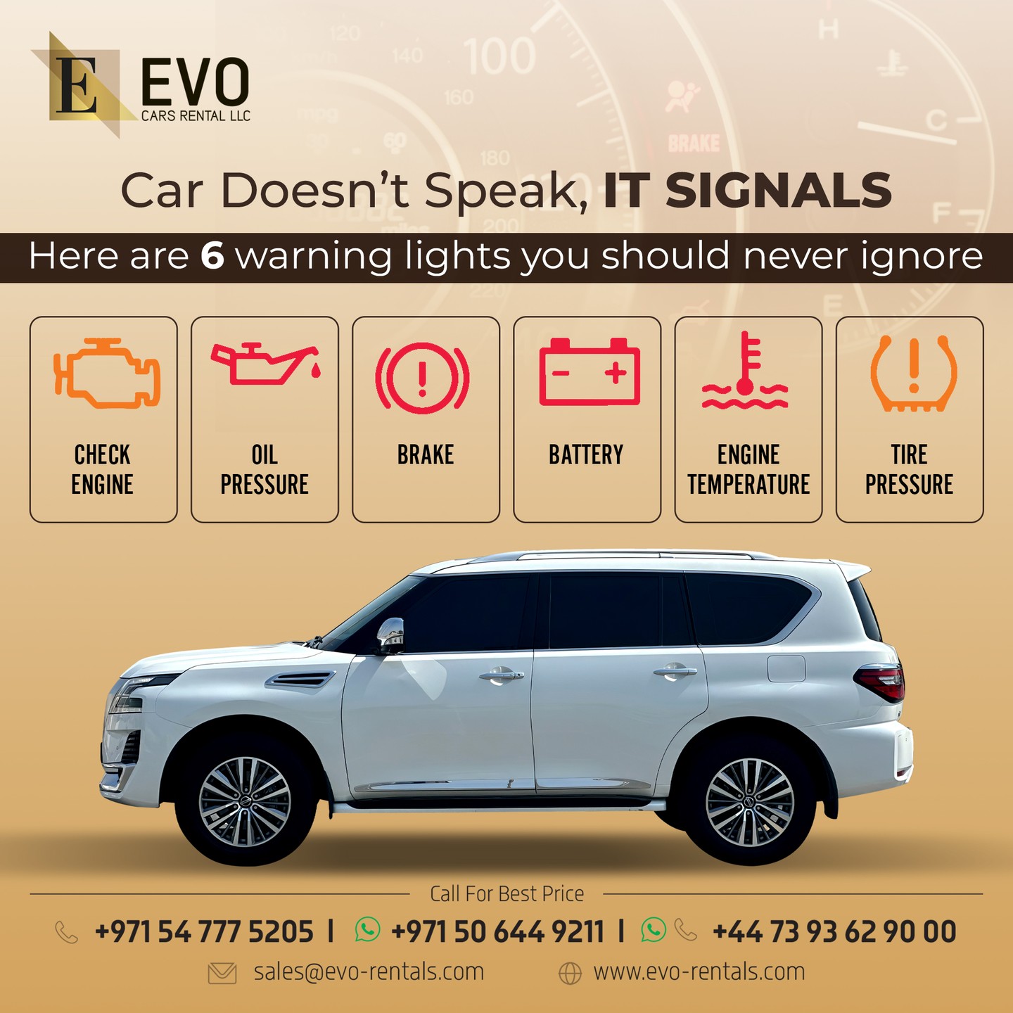 At EVO, your safety is part of your luxury. How many of these warning lights do you recognise? #EvoRentals #UAE #Dubai #Mercedes #RentACar #safetyfirst