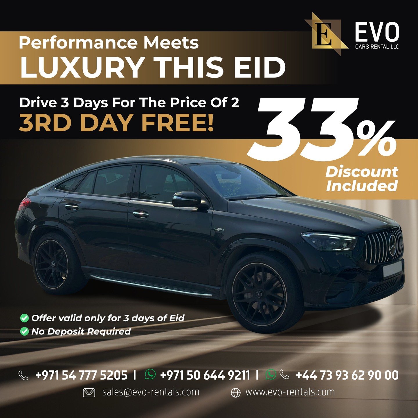 Mercedes GLE53 AMG 2024

Power Meets Luxury 🔥

🚗 Mercedes GLE53 AMG 4MATIC 2024
💰 AE 1,890

🎉 Drive 3 Days for the Price of 2
✨ 3rd Day FREE

⚡ 33% Discount
📦 1 Unit Only

📅 Valid for 3 Days of Eid

📲 Book now before it’s taken.

✅ No Deposit

#MercedesAMG #DubaiCars #EidSpecial #LuxuryDrive