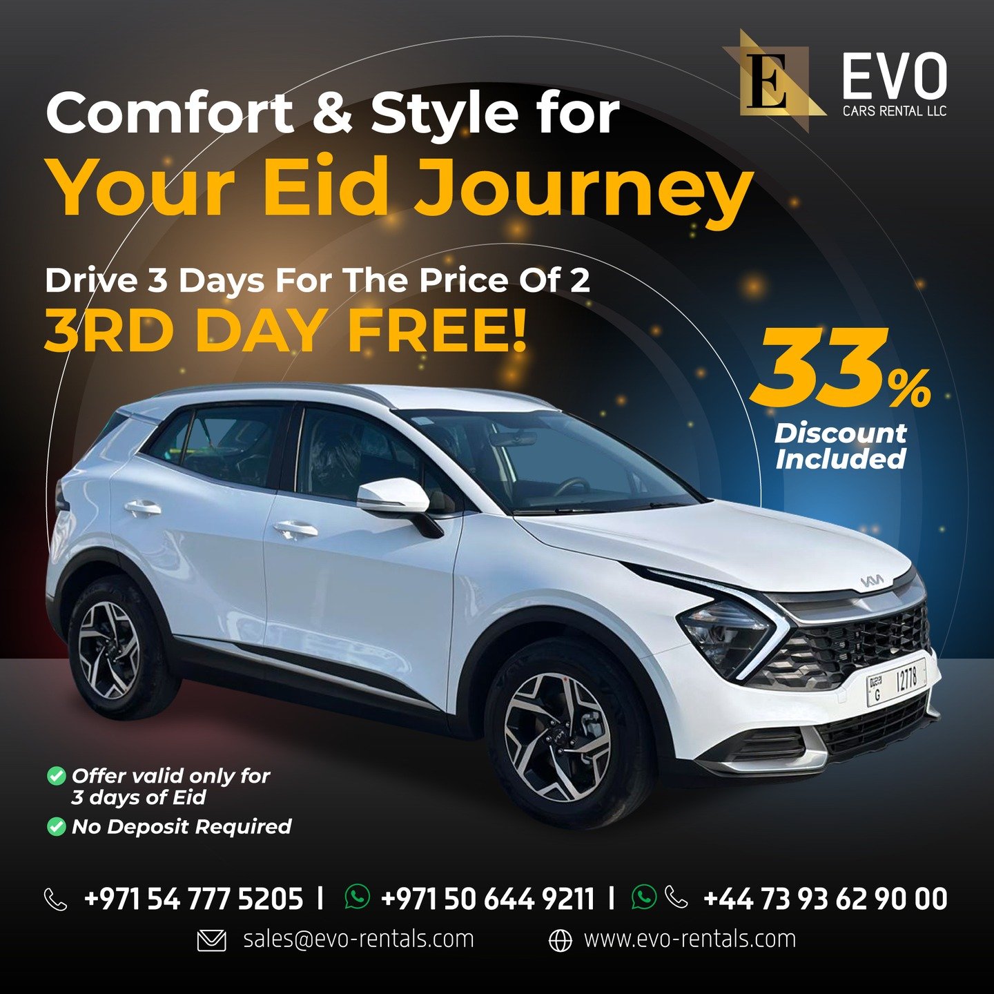 🚗 Kia Sportage White 2024

Comfort Meets Style ✨

🚗 Kia Sportage 2024
💰 AE 399

🎉 Drive 3 Days for the Price of 2
✨ 3rd Day FREE

⚡ 33% Discount
📦 2 Units Available

📅 Valid Only During Eid

📲 Reserve before they’re gone.

✅ No Deposit

#KiaSportage2024 #EidDrive #DubaiRental #EVOCars