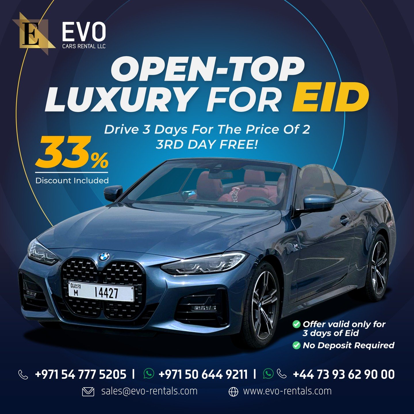 🏎 BMW 4 Series M Convertible

Feel the Freedom This Eid 🌞

🚗 BMW 4 Series M Convertible
💰 AE 1,050

🎉 Drive 3 Days for the Price of 2
✨ 3rd Day FREE

⚡ 33% Discount
📦 1 Unit Only

📅 Eid Offer – Limited

📲 Book before it’s gone.

✅ No Deposit

#BMWConvertible #LuxuryDrive #DubaiCars #EidSpecial