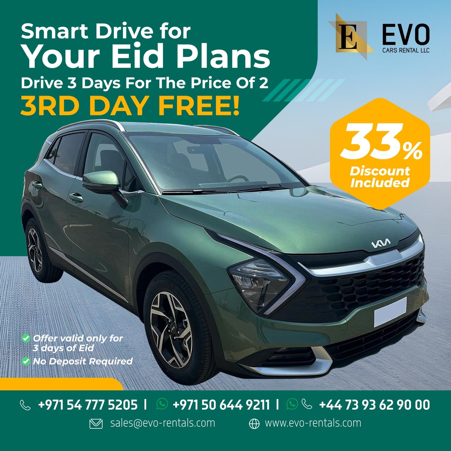🚗 Kia Sportage Green 2023

Smart Drive for Eid 🌿

🚗 Kia Sportage 2023
💰 AE 360

🎉 Drive 3 Days for the Price of 2
✨ 3rd Day FREE

⚡ 33% Discount
📦 1 Unit Available

📅 Eid Offer – 3 Days Only

📲 Book now.

✅ No Deposit

#KiaSportage #DubaiDrive #EidOffer #CarRentalDubai